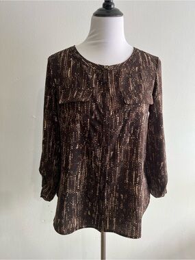 Anne Klein Brown Printed Long-Sleeve Blouse with Tan Dot Detail